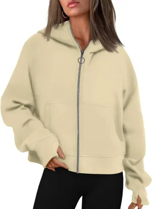 hlysgo Womens Zip Up Hoodie Cropped Sweatshirts Fleece Jackets Fall Outfits Oversized Casual Hoodies with Thumb Holes