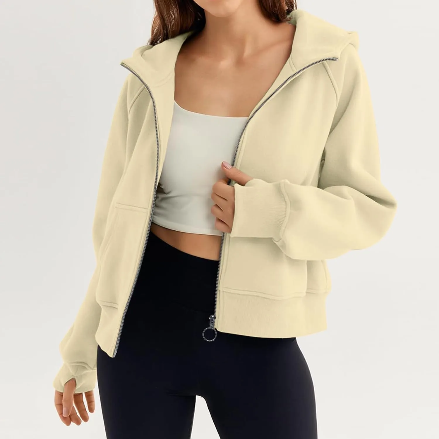 hlysgo Womens Zip Up Hoodie Cropped Sweatshirts Fleece Jackets Fall Outfits Oversized Casual Hoodies with Thumb Holes