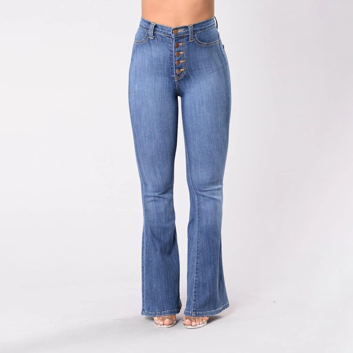 Jeans for Women Stretch Button Up Mid Waisted Flare Denim Jeans Fashion Retro Wide Leg Slim Fit Bell Pencil Pants