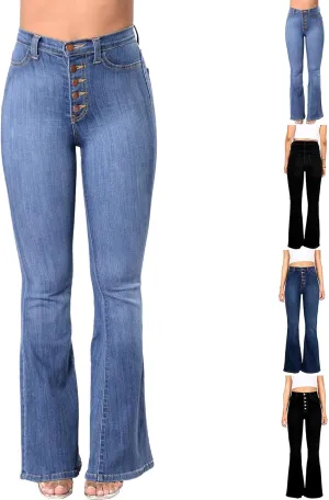 Jeans for Women Stretch Button Up Mid Waisted Flare Denim Jeans Fashion Retro Wide Leg Slim Fit Bell Pencil Pants
