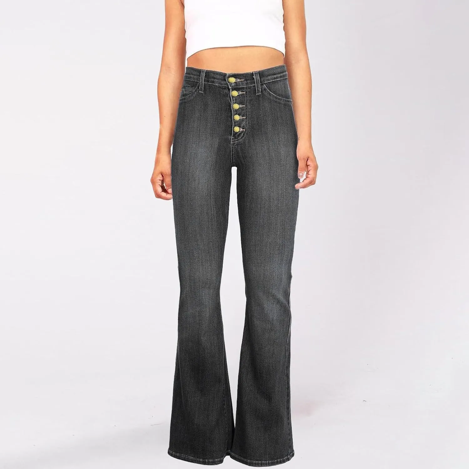 Jeans for Women Stretch Button Up Mid Waisted Flare Denim Jeans Fashion Retro Wide Leg Slim Fit Bell Pencil Pants
