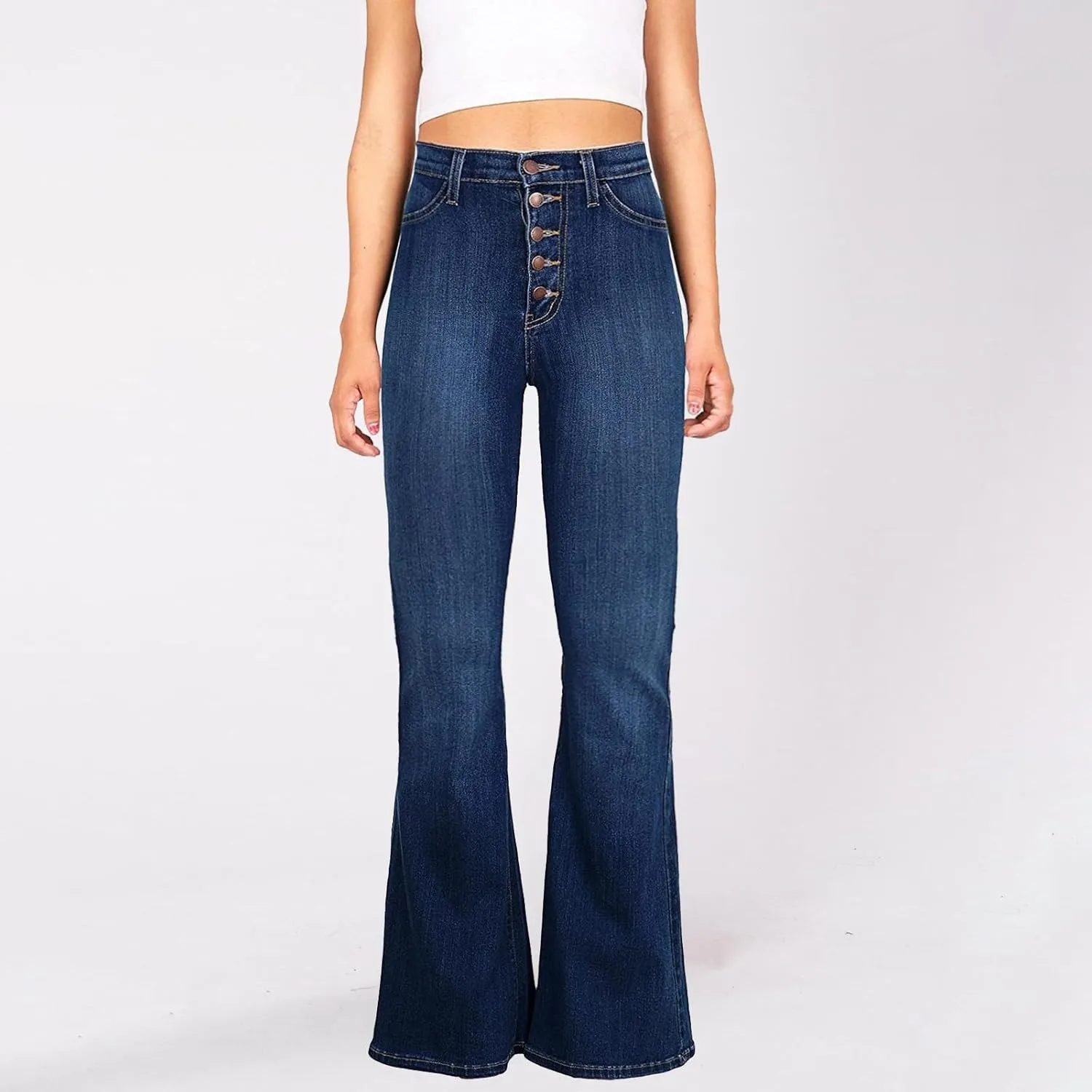 Jeans for Women Stretch Button Up Mid Waisted Flare Denim Jeans Fashion Retro Wide Leg Slim Fit Bell Pencil Pants
