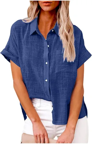 JIEMUXIU Summer Tops for Women 2025 Trendy Short Sleeve Cotton Linen Shirt Casual Button Down V Neck Tunic Blouses Outfits