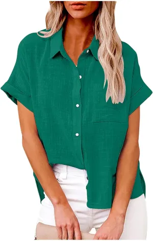 JIEMUXIU Summer Tops for Women 2025 Trendy Short Sleeve Cotton Linen Shirt Casual Button Down V Neck Tunic Blouses Outfits
