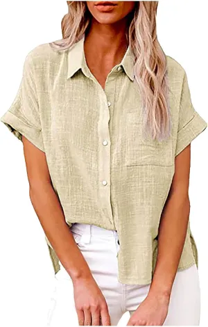 JIEMUXIU Summer Tops for Women 2025 Trendy Short Sleeve Cotton Linen Shirt Casual Button Down V Neck Tunic Blouses Outfits