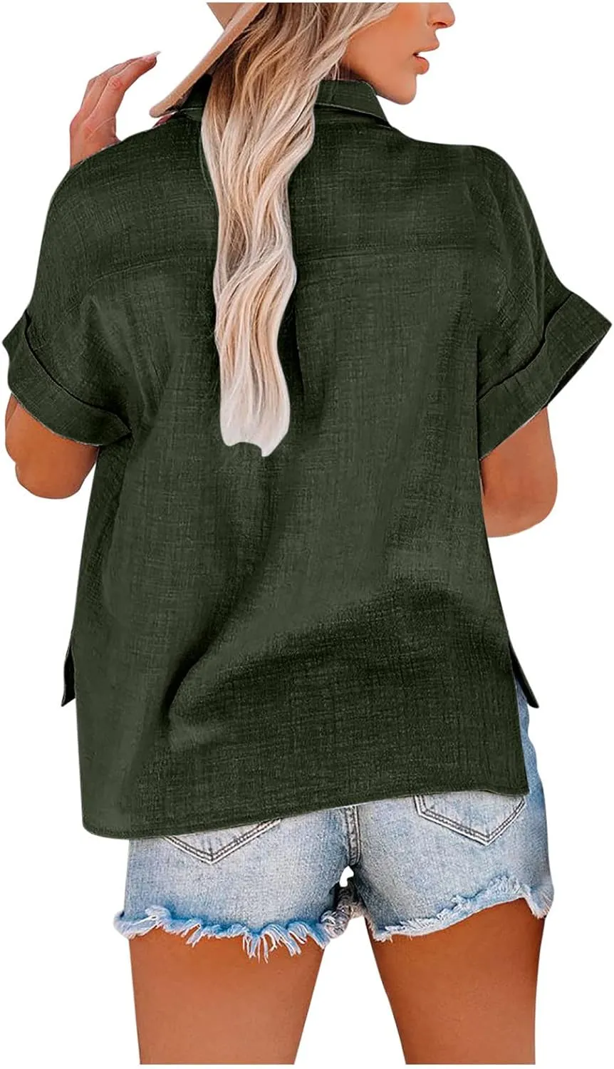 JIEMUXIU Summer Tops for Women 2025 Trendy Short Sleeve Cotton Linen Shirt Casual Button Down V Neck Tunic Blouses Outfits