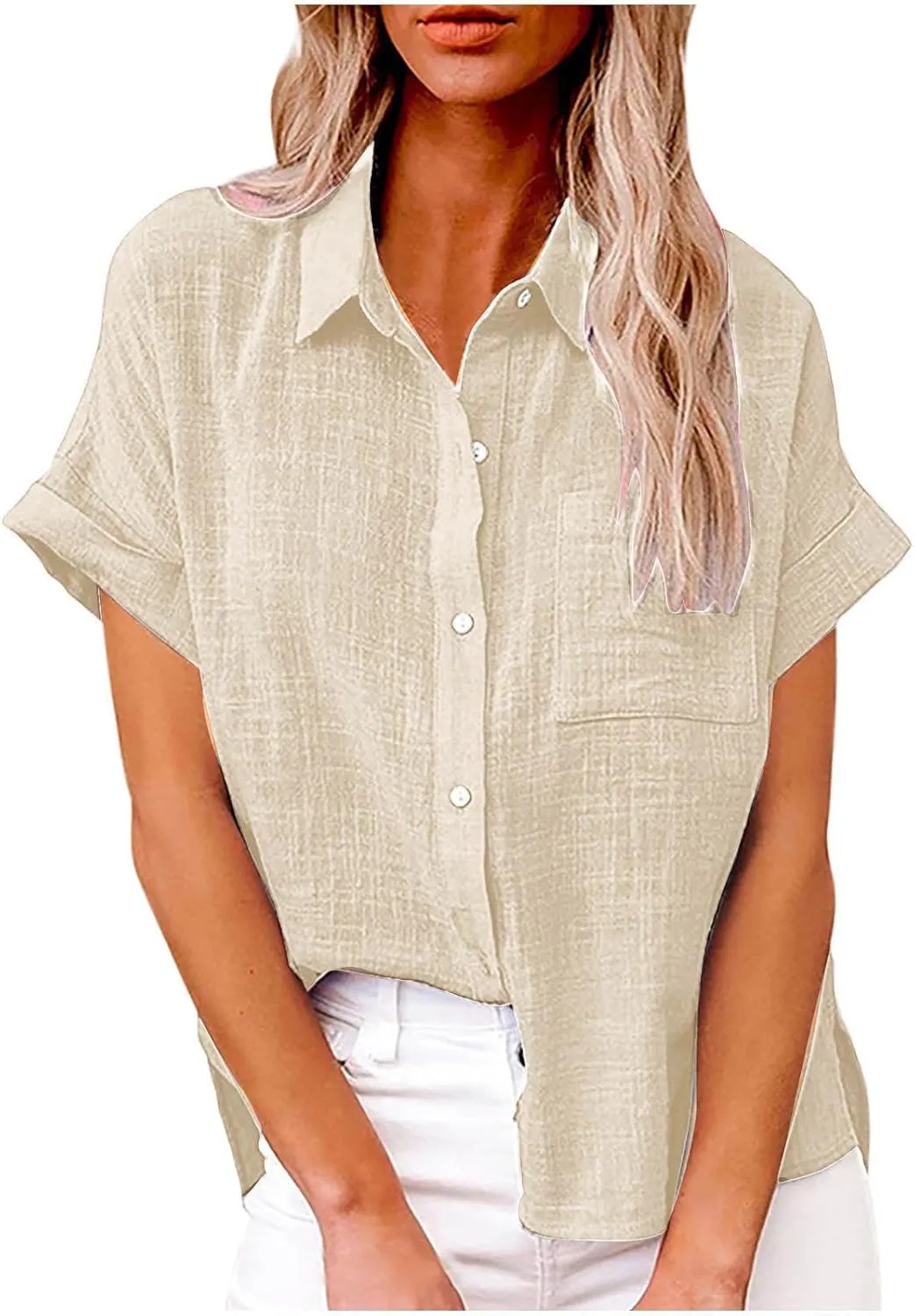 JIEMUXIU Summer Tops for Women 2025 Trendy Short Sleeve Cotton Linen Shirt Casual Button Down V Neck Tunic Blouses Outfits