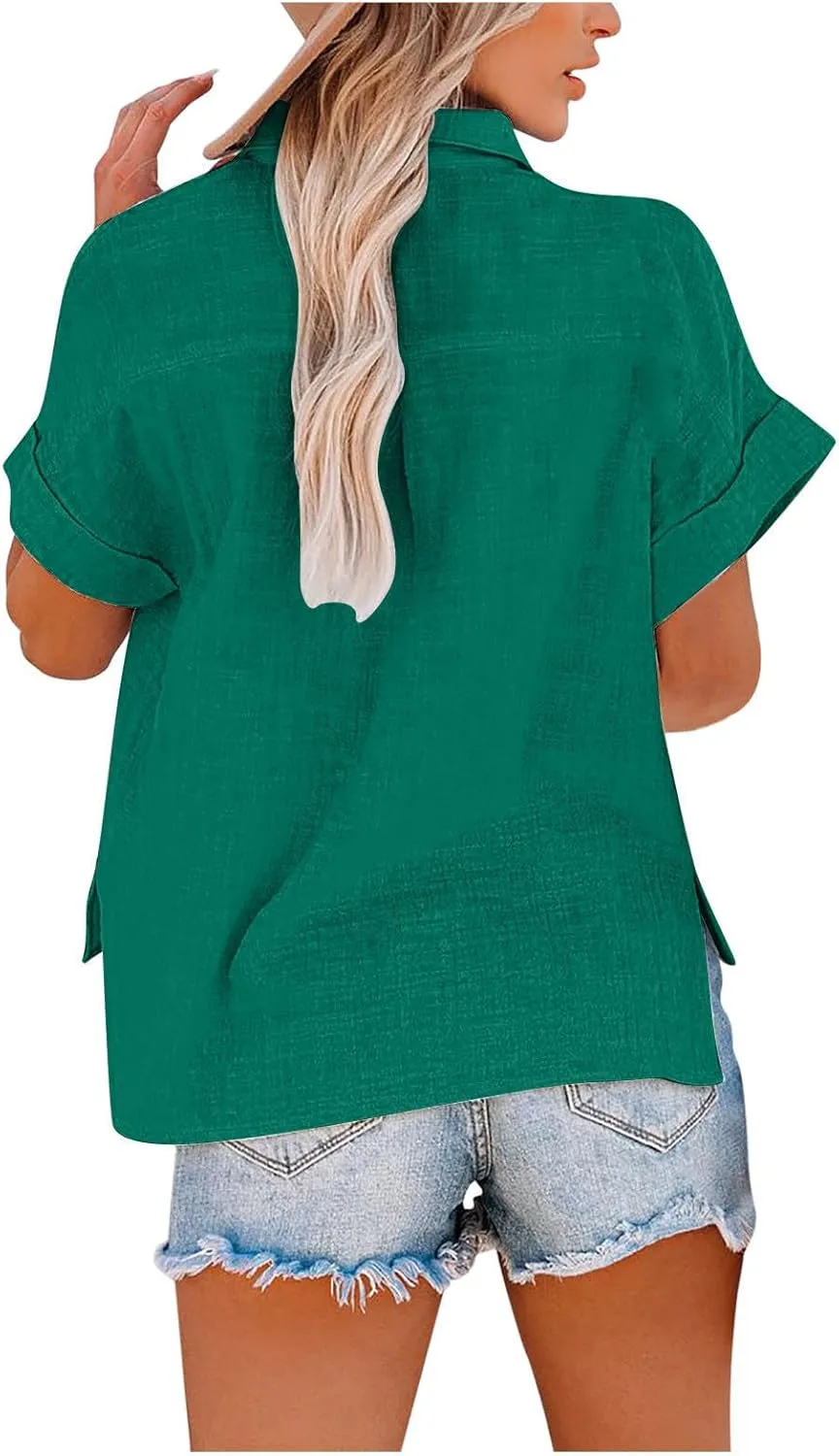 JIEMUXIU Summer Tops for Women 2025 Trendy Short Sleeve Cotton Linen Shirt Casual Button Down V Neck Tunic Blouses Outfits