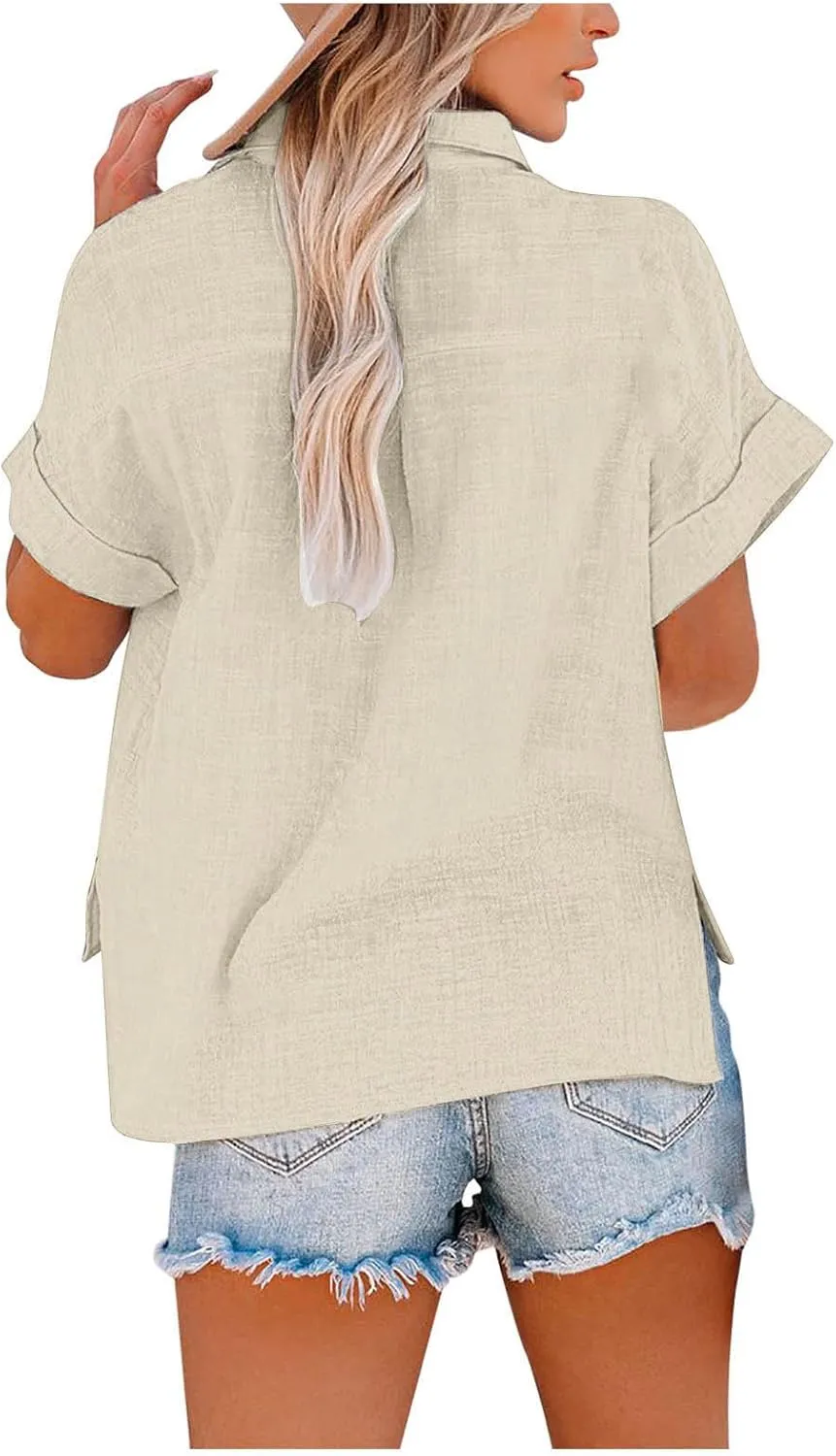 JIEMUXIU Summer Tops for Women 2025 Trendy Short Sleeve Cotton Linen Shirt Casual Button Down V Neck Tunic Blouses Outfits