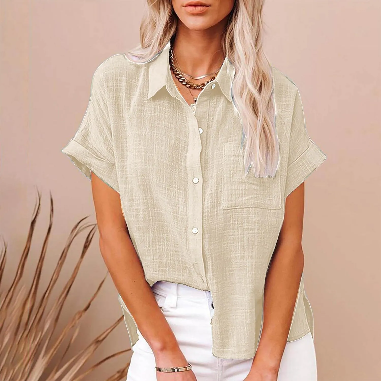 JIEMUXIU Summer Tops for Women 2025 Trendy Short Sleeve Cotton Linen Shirt Casual Button Down V Neck Tunic Blouses Outfits