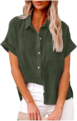 JIEMUXIU Summer Tops for Women 2025 Trendy Short Sleeve Cotton Linen Shirt Casual Button Down V Neck Tunic Blouses Outfits