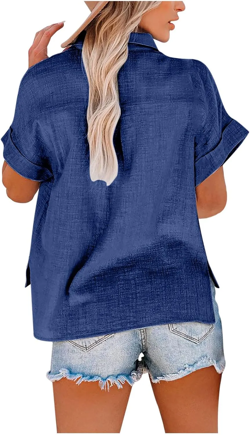 JIEMUXIU Summer Tops for Women 2025 Trendy Short Sleeve Cotton Linen Shirt Casual Button Down V Neck Tunic Blouses Outfits