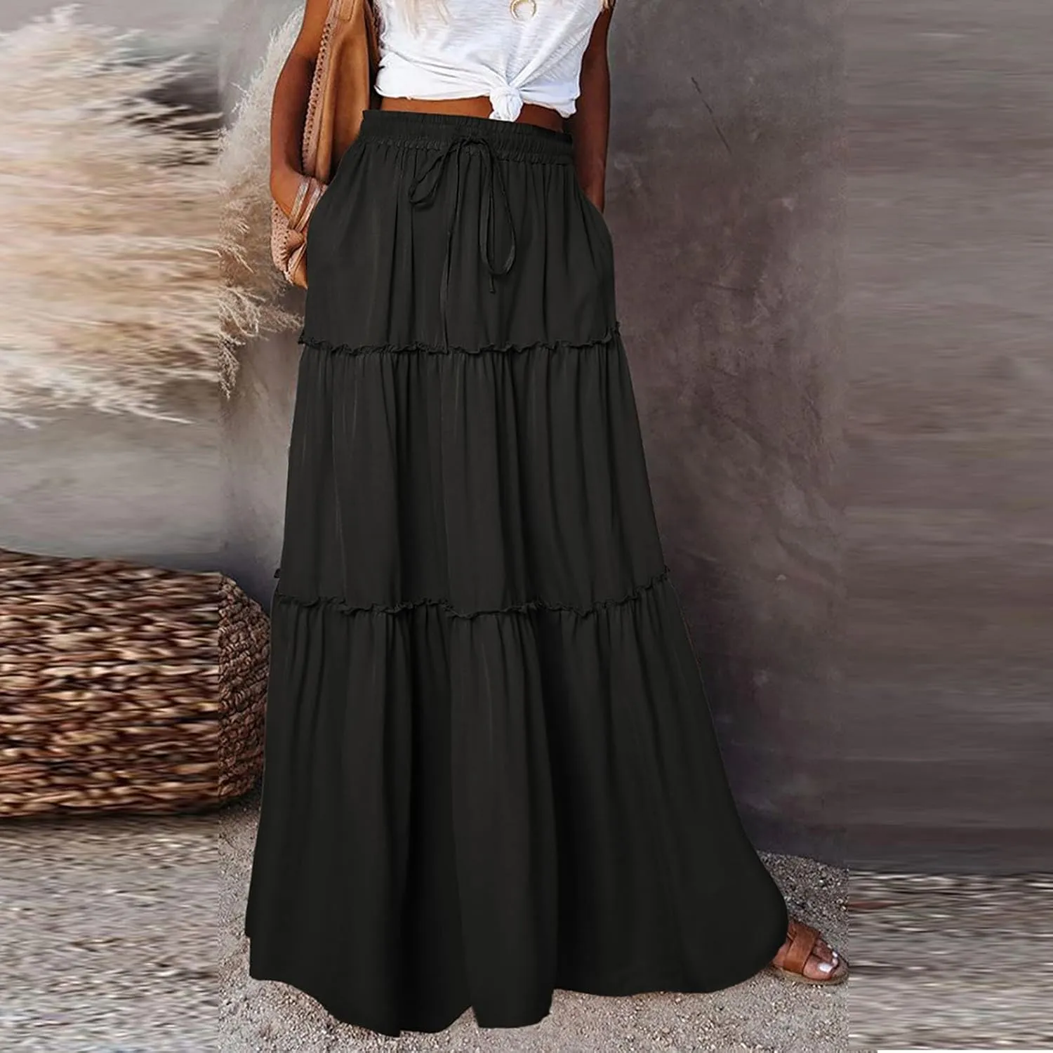 JJHAEVDY Pleated Long Skirts for Women Summer Casual Elastic High Waisted Skirts A-Line Flowy Swing Maxi Skirt with Pockets