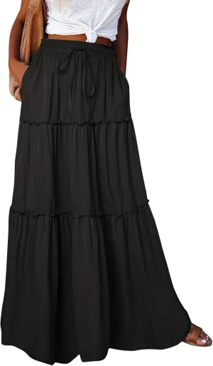 JJHAEVDY Pleated Long Skirts for Women Summer Casual Elastic High Waisted Skirts A-Line Flowy Swing Maxi Skirt with Pockets