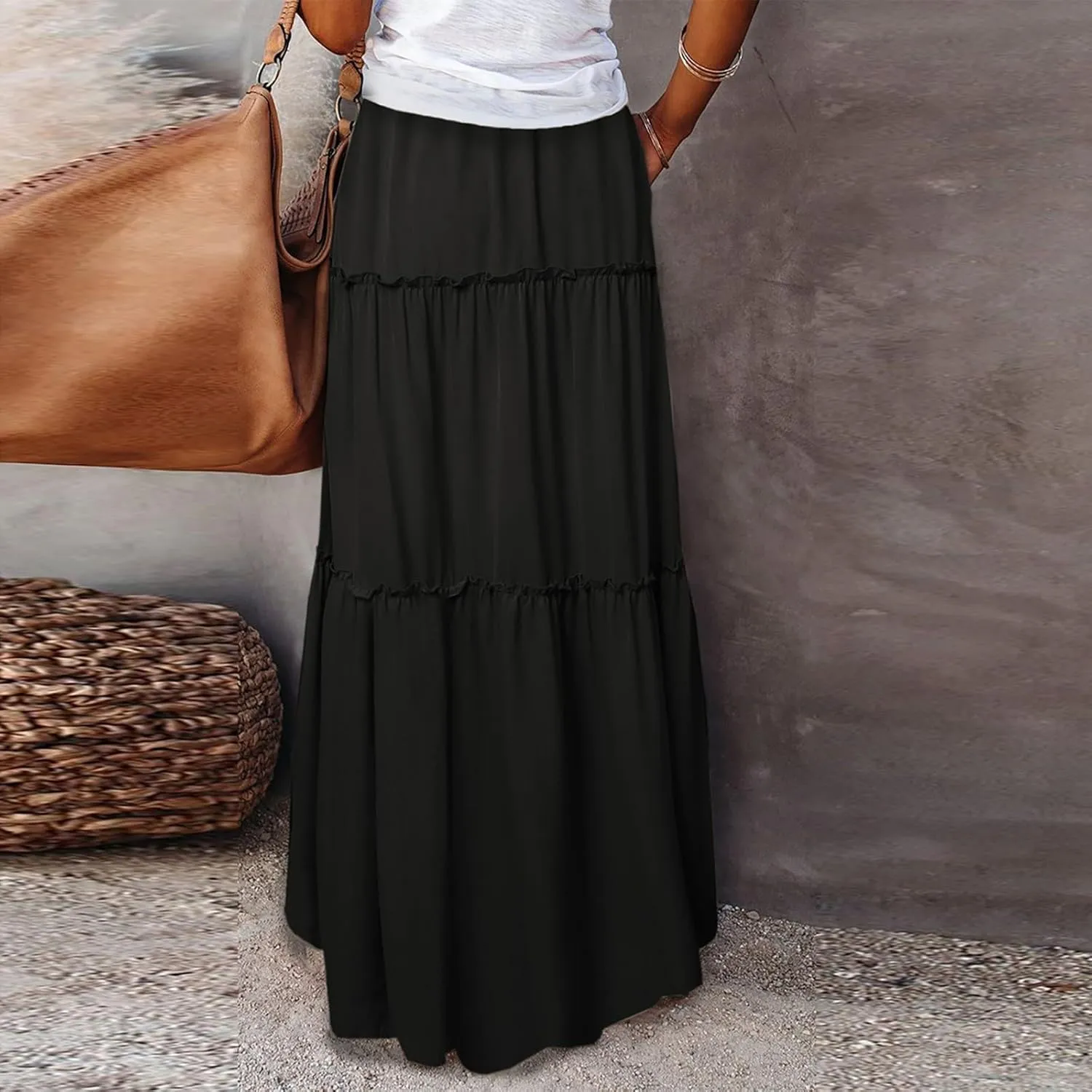 JJHAEVDY Pleated Long Skirts for Women Summer Casual Elastic High Waisted Skirts A-Line Flowy Swing Maxi Skirt with Pockets