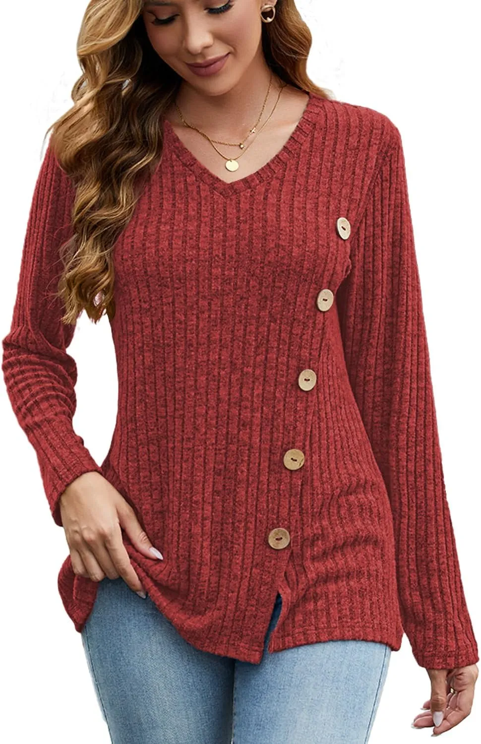 JomeDesign Womens Sweaters Long Sleeve Shirts V Neck Sweatshirt Loose Casual Tunic Tops