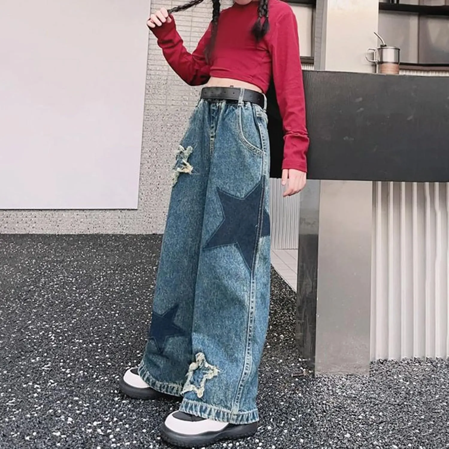 Kids Girls Baggy Cargo Jeans Y2K Trendy Ripped High Waist Wide Leg Denim Pants Spring Teen Aesthetic Skinny Trousers