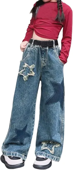 Kids Girls Baggy Cargo Jeans Y2K Trendy Ripped High Waist Wide Leg Denim Pants Spring Teen Aesthetic Skinny Trousers