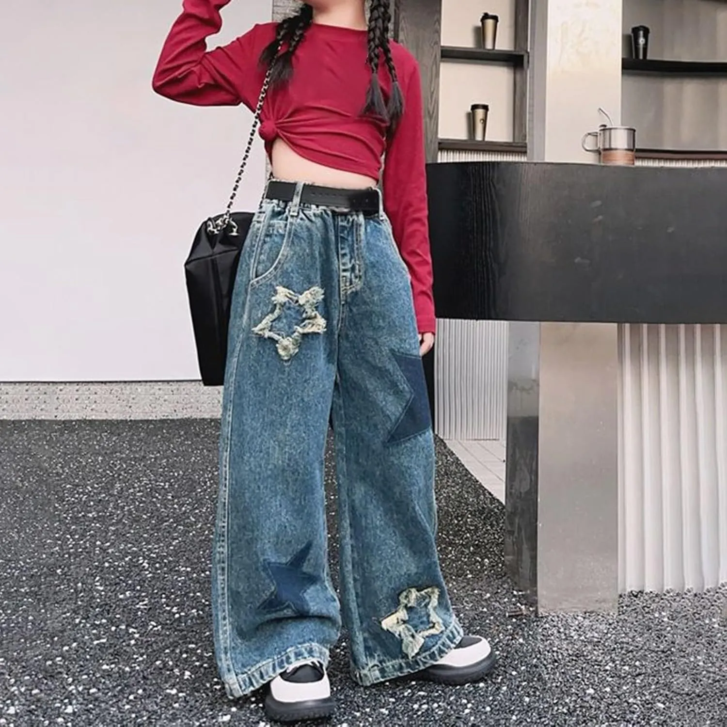 Kids Girls Baggy Cargo Jeans Y2K Trendy Ripped High Waist Wide Leg Denim Pants Spring Teen Aesthetic Skinny Trousers