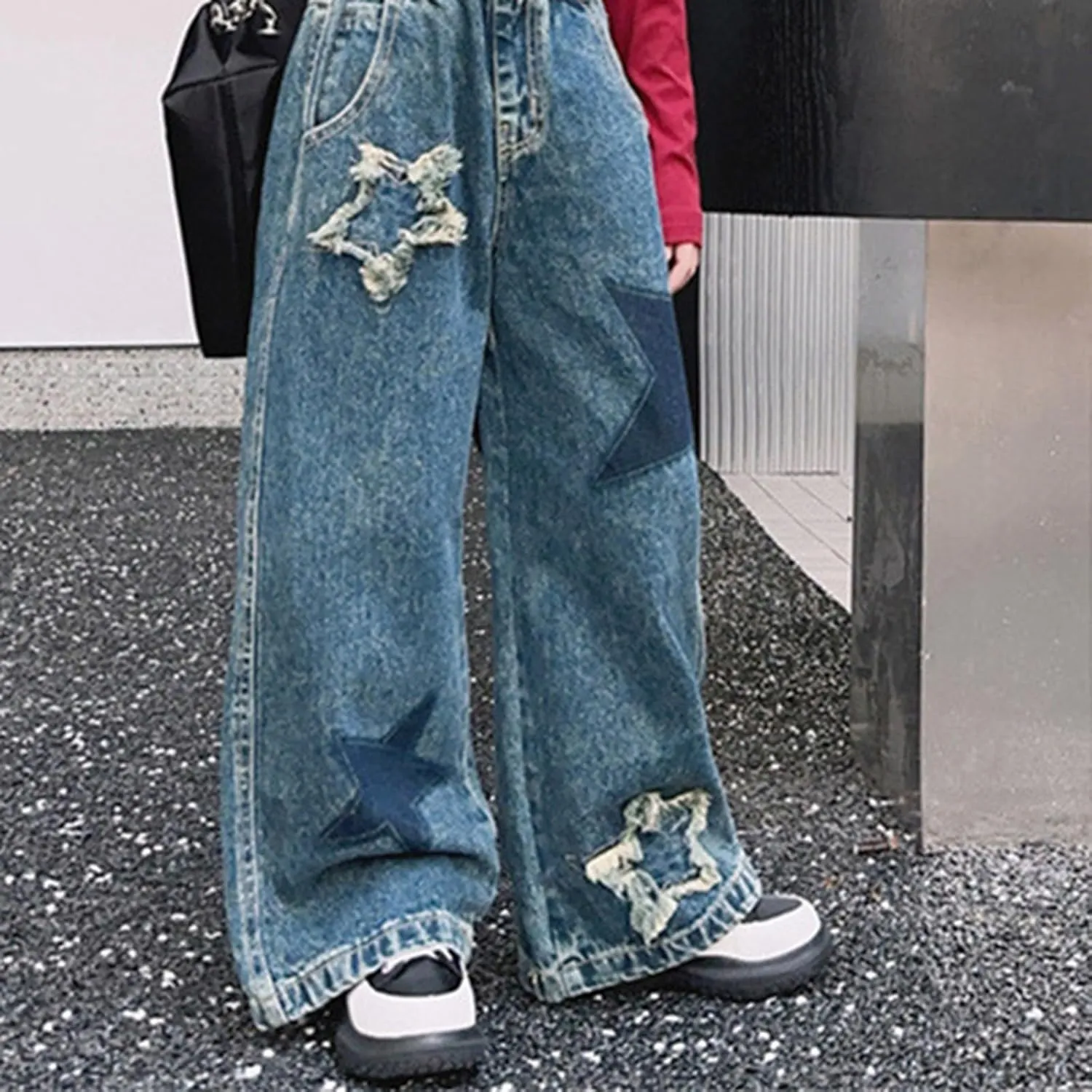 Kids Girls Baggy Cargo Jeans Y2K Trendy Ripped High Waist Wide Leg Denim Pants Spring Teen Aesthetic Skinny Trousers