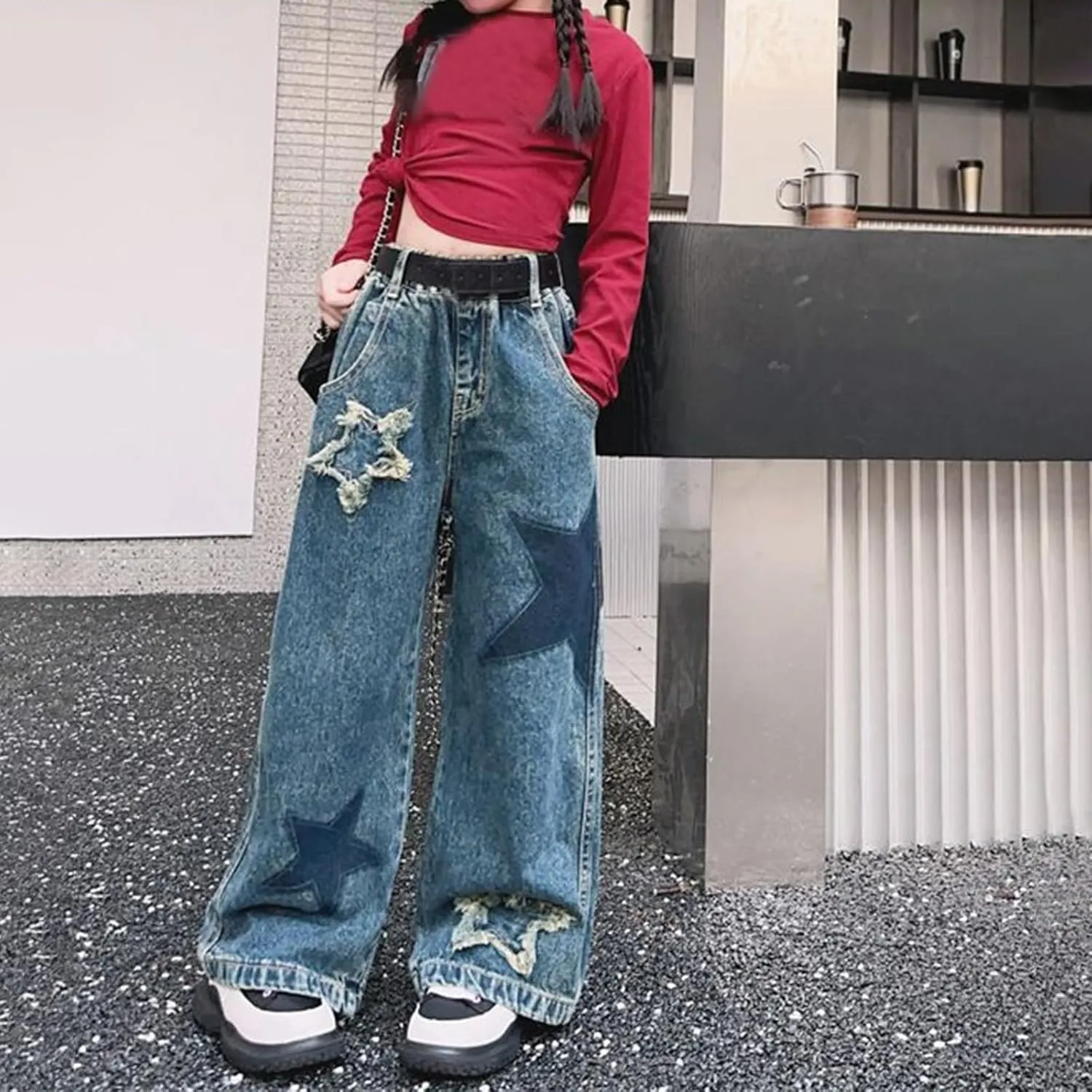 Kids Girls Baggy Cargo Jeans Y2K Trendy Ripped High Waist Wide Leg Denim Pants Spring Teen Aesthetic Skinny Trousers