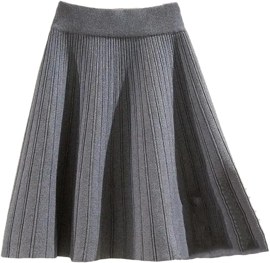 Knitted Mini Skirts Women Winter Solid High Waist Pleated A Line Skirt