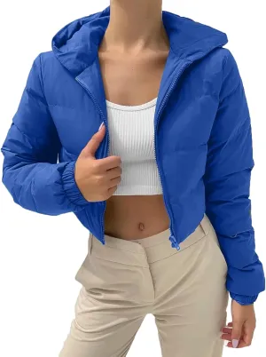 Kubbon Women Cropped Puffer Jacket Casual Long Sleeve Short Down Coat Cozy Warm Zip Up Hooded Jacket Hoodies with Pockets