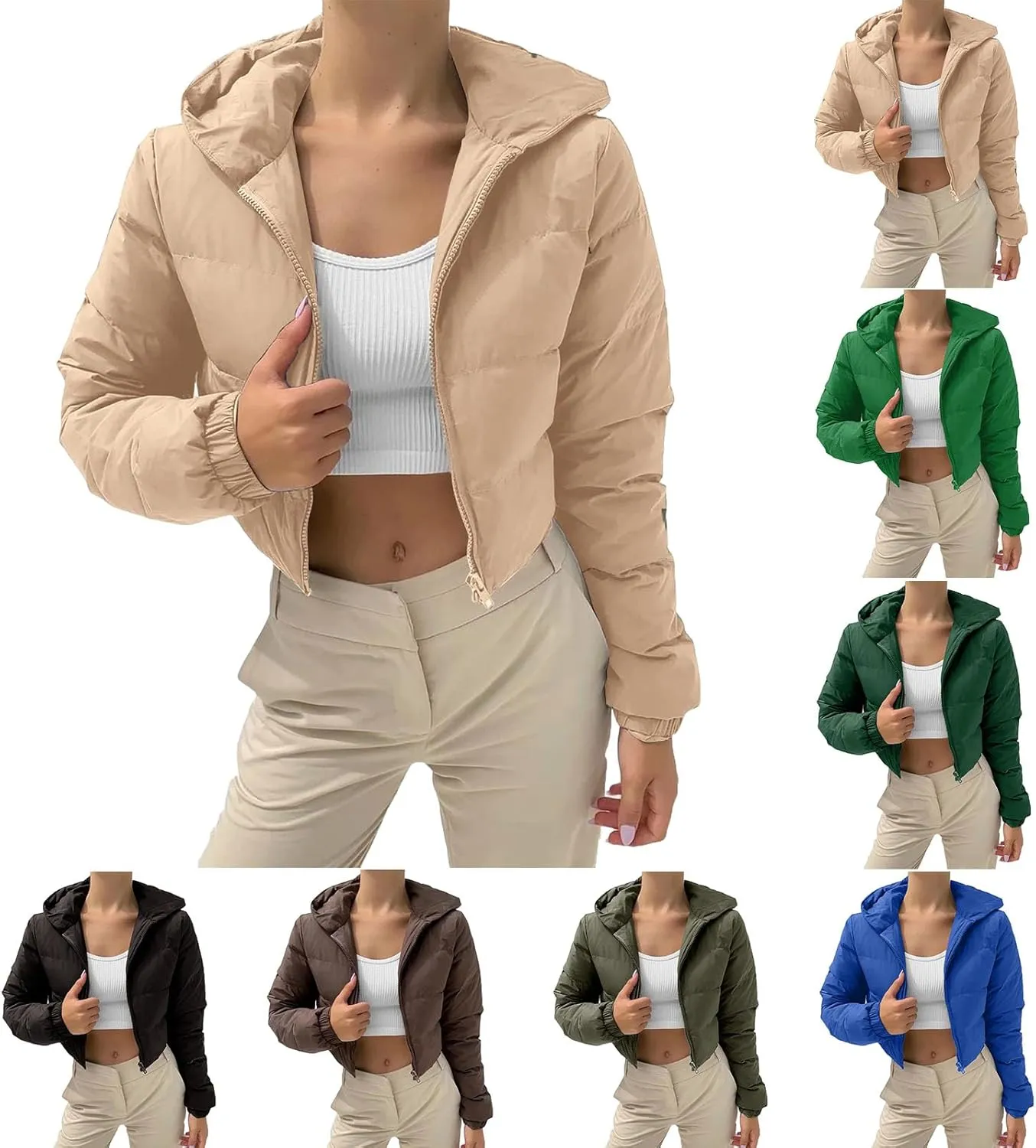 Kubbon Women Cropped Puffer Jacket Casual Long Sleeve Short Down Coat Cozy Warm Zip Up Hooded Jacket Hoodies with Pockets