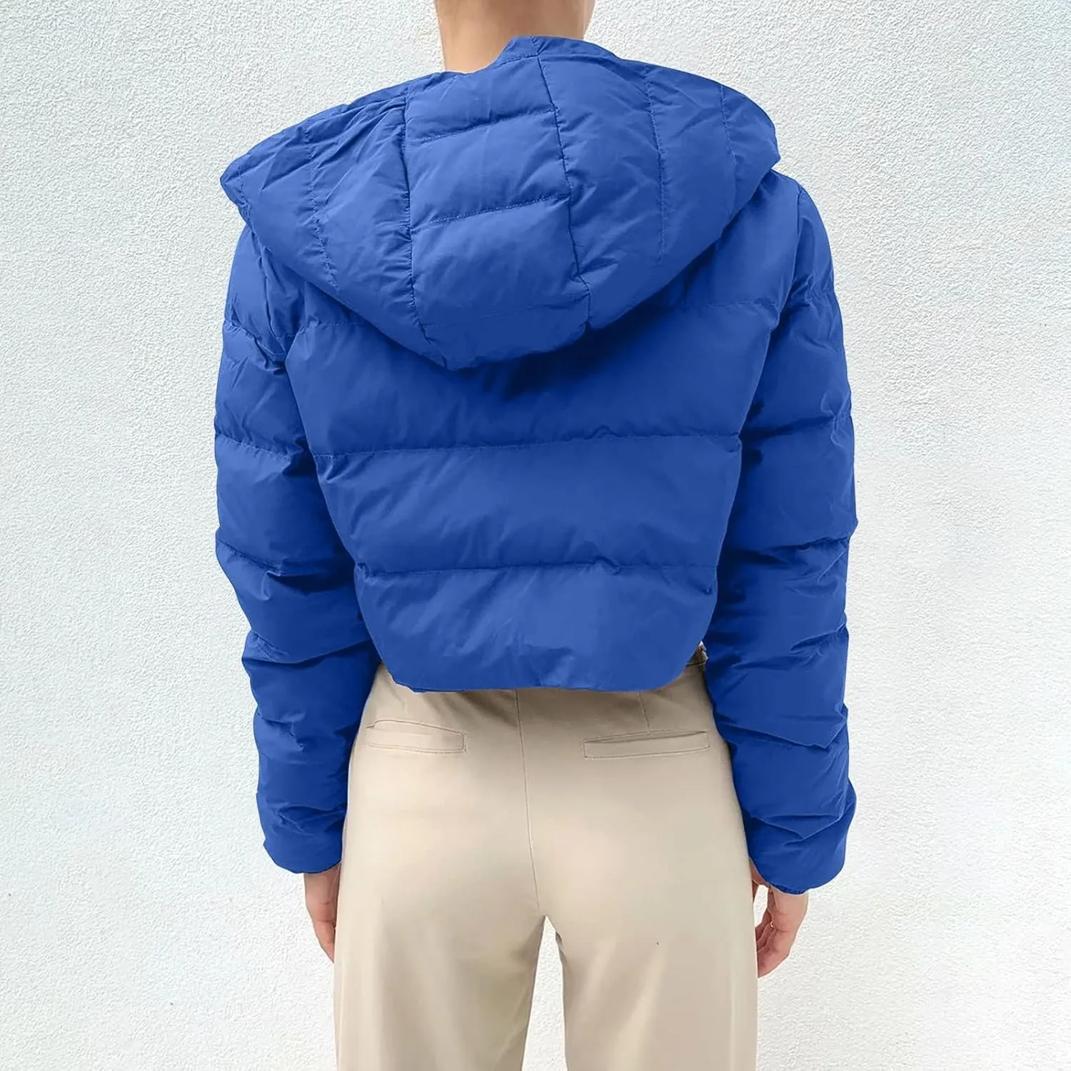 Kubbon Women Cropped Puffer Jacket Casual Long Sleeve Short Down Coat Cozy Warm Zip Up Hooded Jacket Hoodies with Pockets