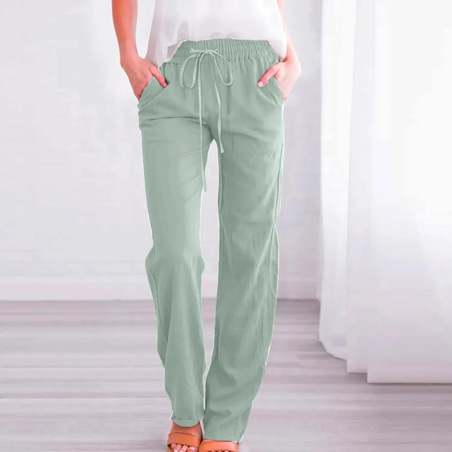 LCMTWX Womens Casual Pants Wide Leg Pants Casual Drawstring Elastic Trousers Comfy Straight Leg Long Pants Sweatpants for