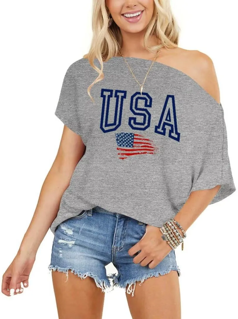 LEEDYA Women Off Shoulder Tops Short Sleeve T-Shirts Loose Blouses Oversized Tunic Tops