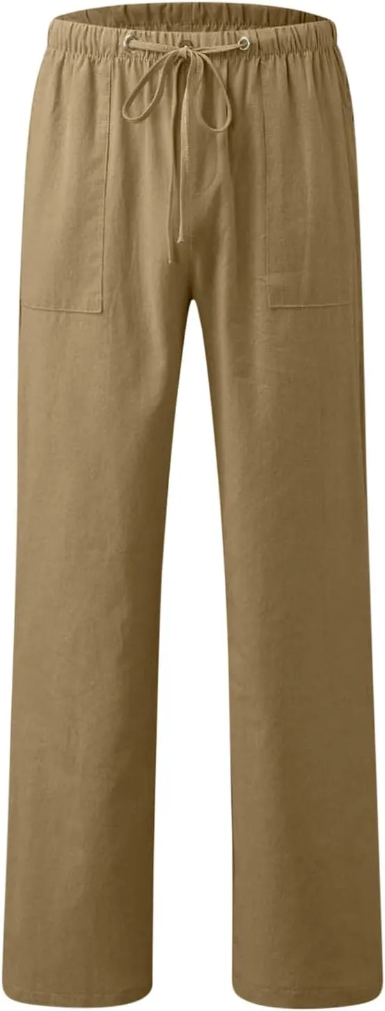 Linen Drawstring Pants Mens Elastic Waist Lightweight Trousers Casual Loose Straight Leg Yoga Fall Soft Beach Pants