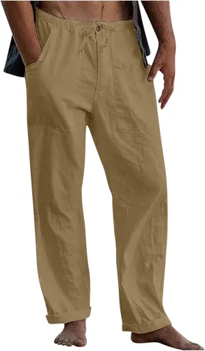 Linen Drawstring Pants Mens Elastic Waist Lightweight Trousers Casual Loose Straight Leg Yoga Fall Soft Beach Pants