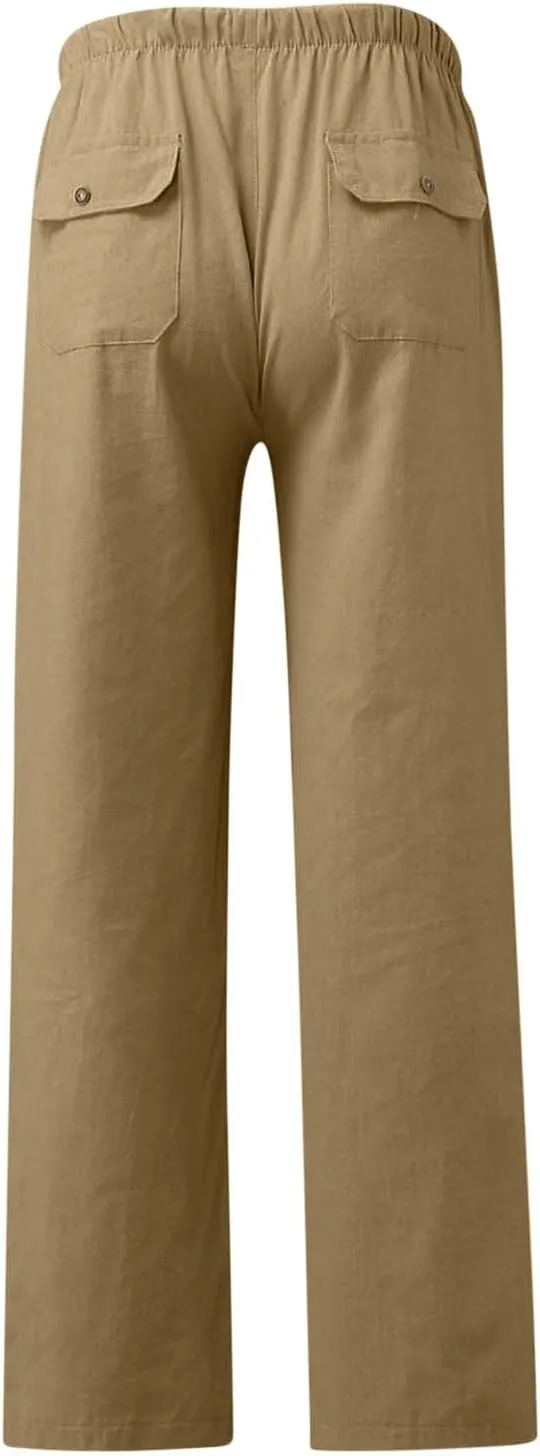 Linen Drawstring Pants Mens Elastic Waist Lightweight Trousers Casual Loose Straight Leg Yoga Fall Soft Beach Pants