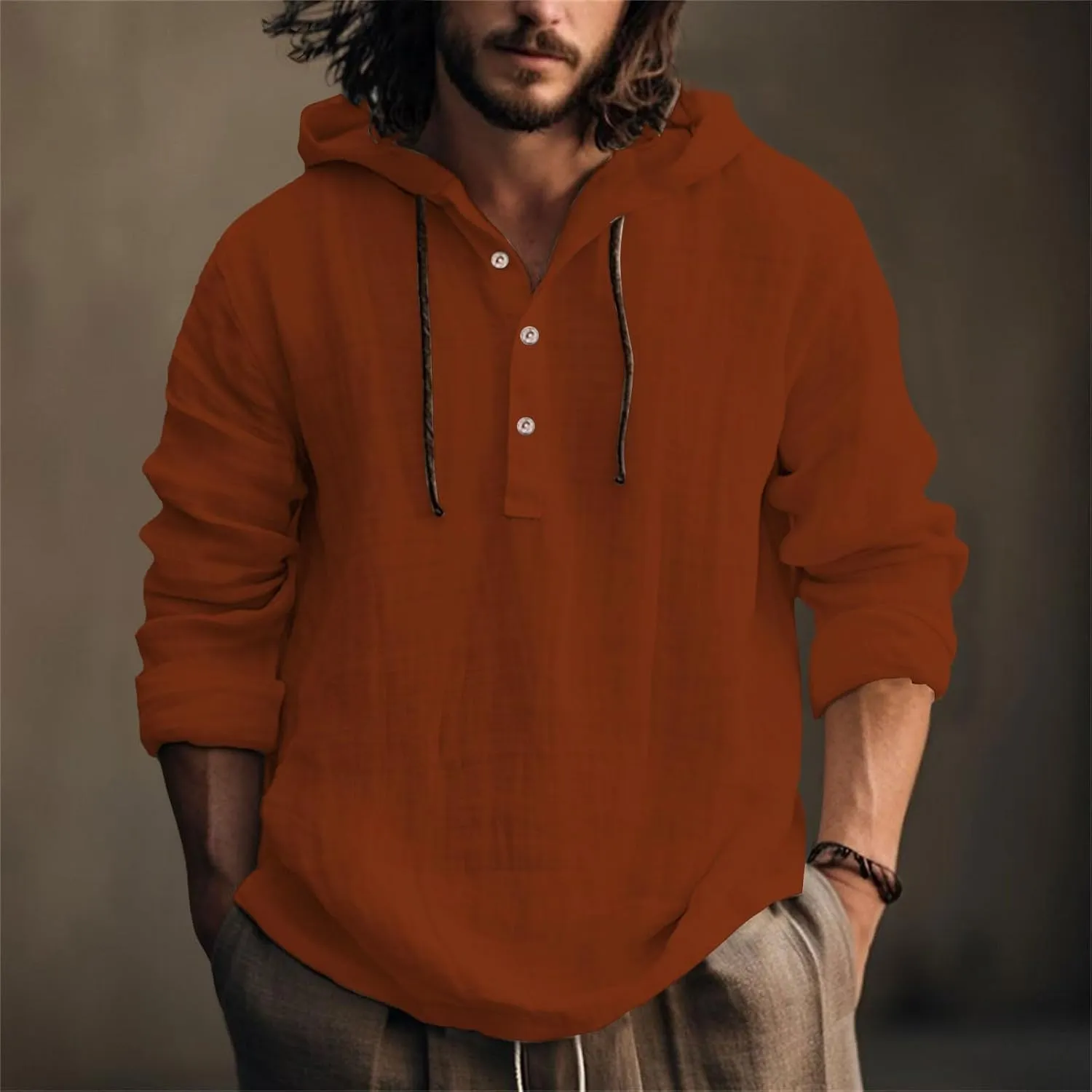 Linen Hoodie Men Spring Fashion 2025 Long Sleeve Button Up Holiday Casual Hawaiian Yoga Beach Hooded Sweatshirts