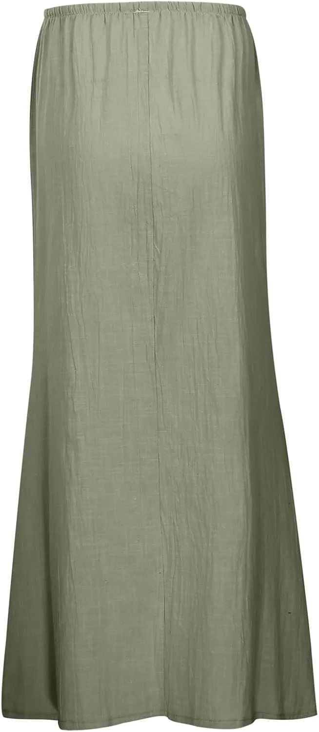 Linen Maxi Skirt, Women's Summer Bohemian Long Skirt, Cotton Elastic Waist Band Maxi Skirt Beach Party Holiday Skirt
