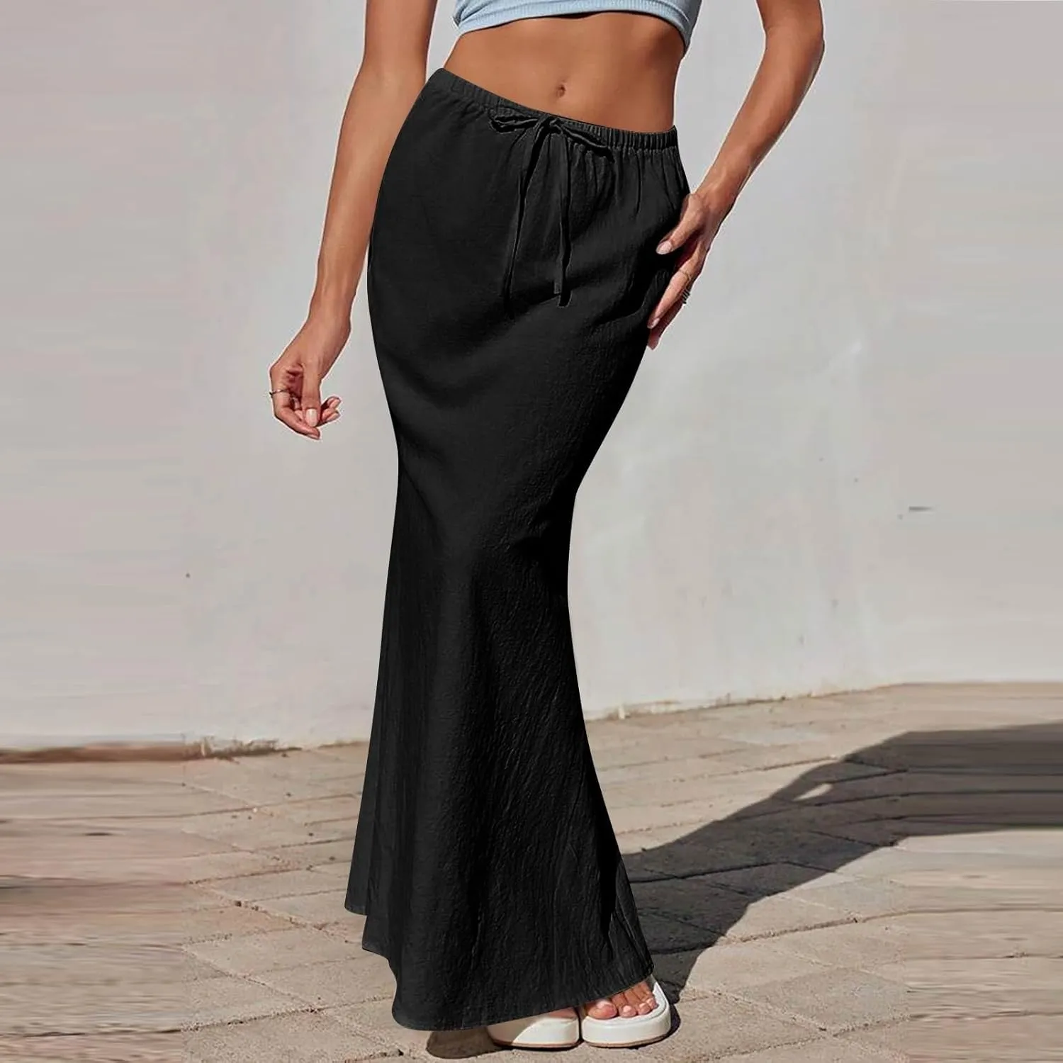 Linen Maxi Skirts for Women 2025 Summer Drawstring Low Rise A Line Skirts Cute Comfy Vacation Boho Long Fishtail Skirt