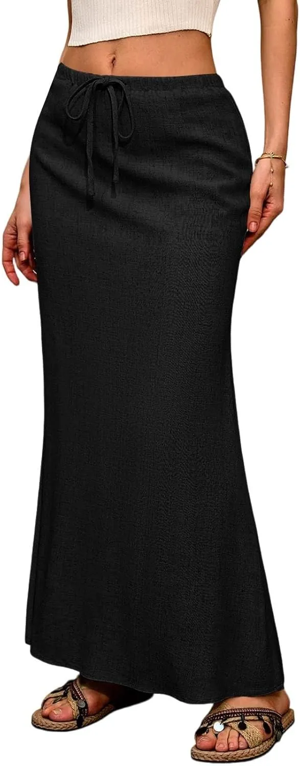 Linen Maxi Skirts for Women 2025 Summer Drawstring Low Rise A Line Skirts Cute Comfy Vacation Boho Long Fishtail Skirt