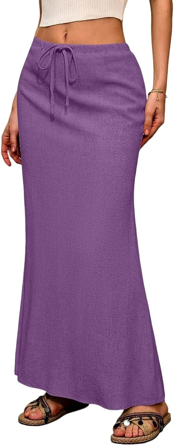 Linen Maxi Skirts for Women 2025 Summer Drawstring Low Rise A Line Skirts Cute Comfy Vacation Boho Long Fishtail Skirt