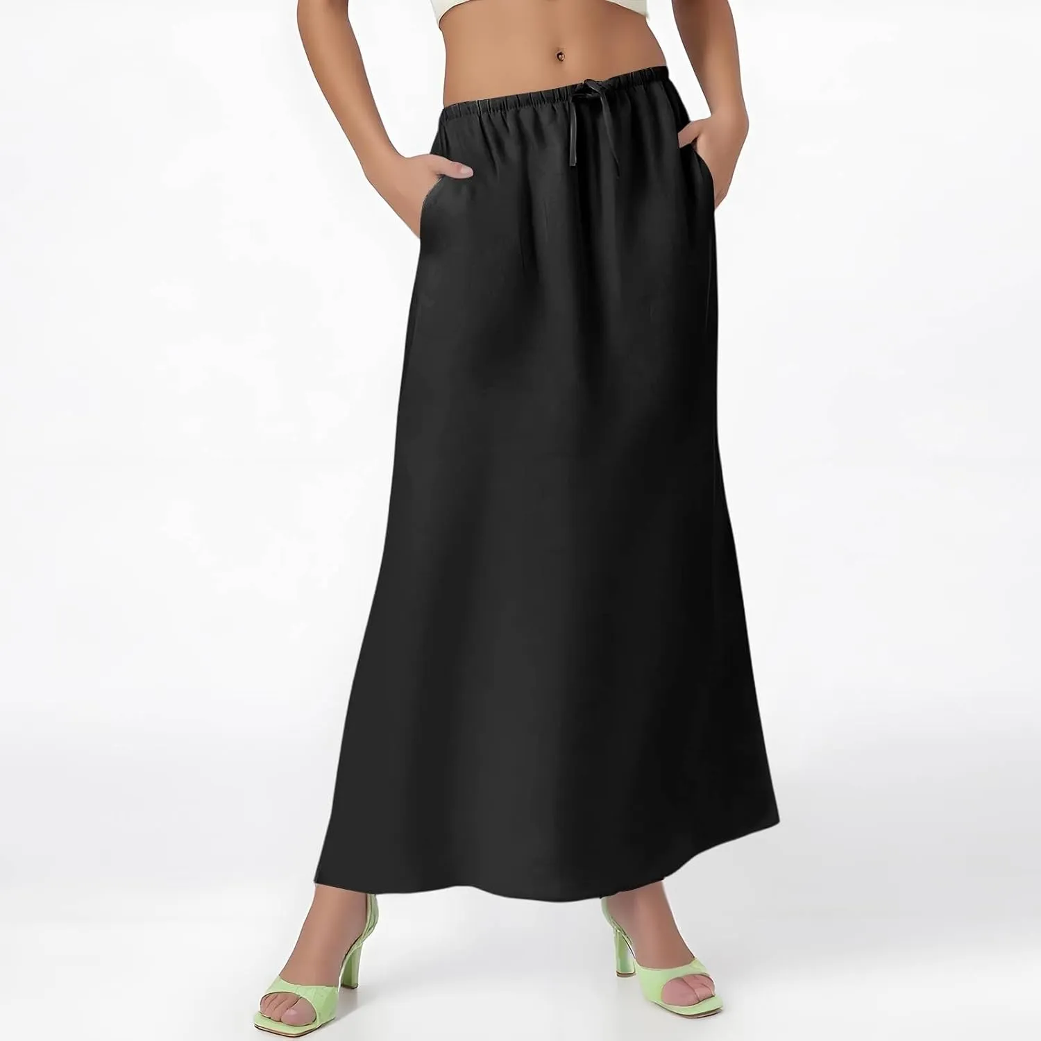 Linen Maxi Skirts for Women 2025 Summer Drawstring Low Rise A Line Skirts Cute Comfy Vacation Boho Long Fishtail Skirt