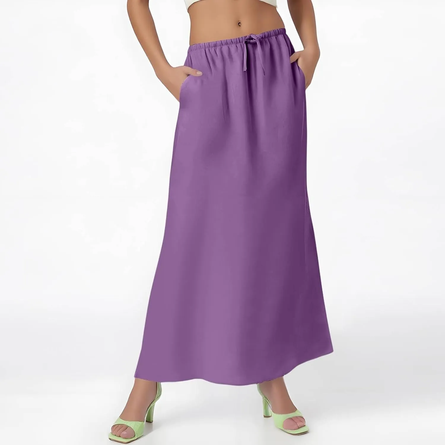Linen Maxi Skirts for Women 2025 Summer Drawstring Low Rise A Line Skirts Cute Comfy Vacation Boho Long Fishtail Skirt