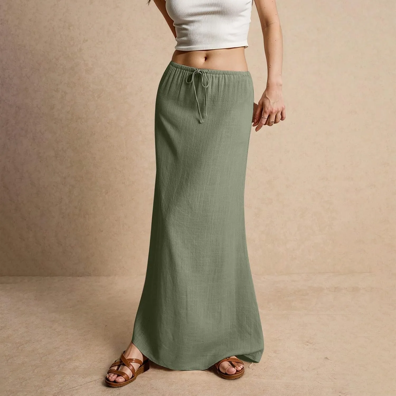 Linen Maxi Skirts for Women Trendy Summer Casual Drawstring Elastic Waist A Line Skirt Boho Beach Long Flowy Skirt