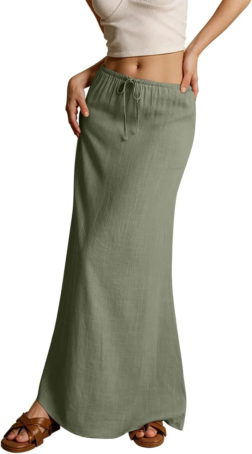 Linen Maxi Skirts for Women Trendy Summer Casual Drawstring Elastic Waist A Line Skirt Boho Beach Long Flowy Skirt