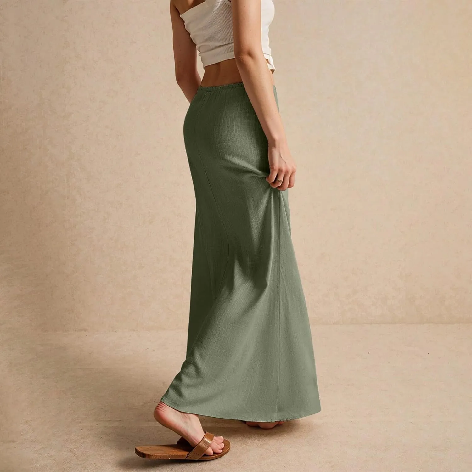 Linen Maxi Skirts for Women Trendy Summer Casual Drawstring Elastic Waist A Line Skirt Boho Beach Long Flowy Skirt