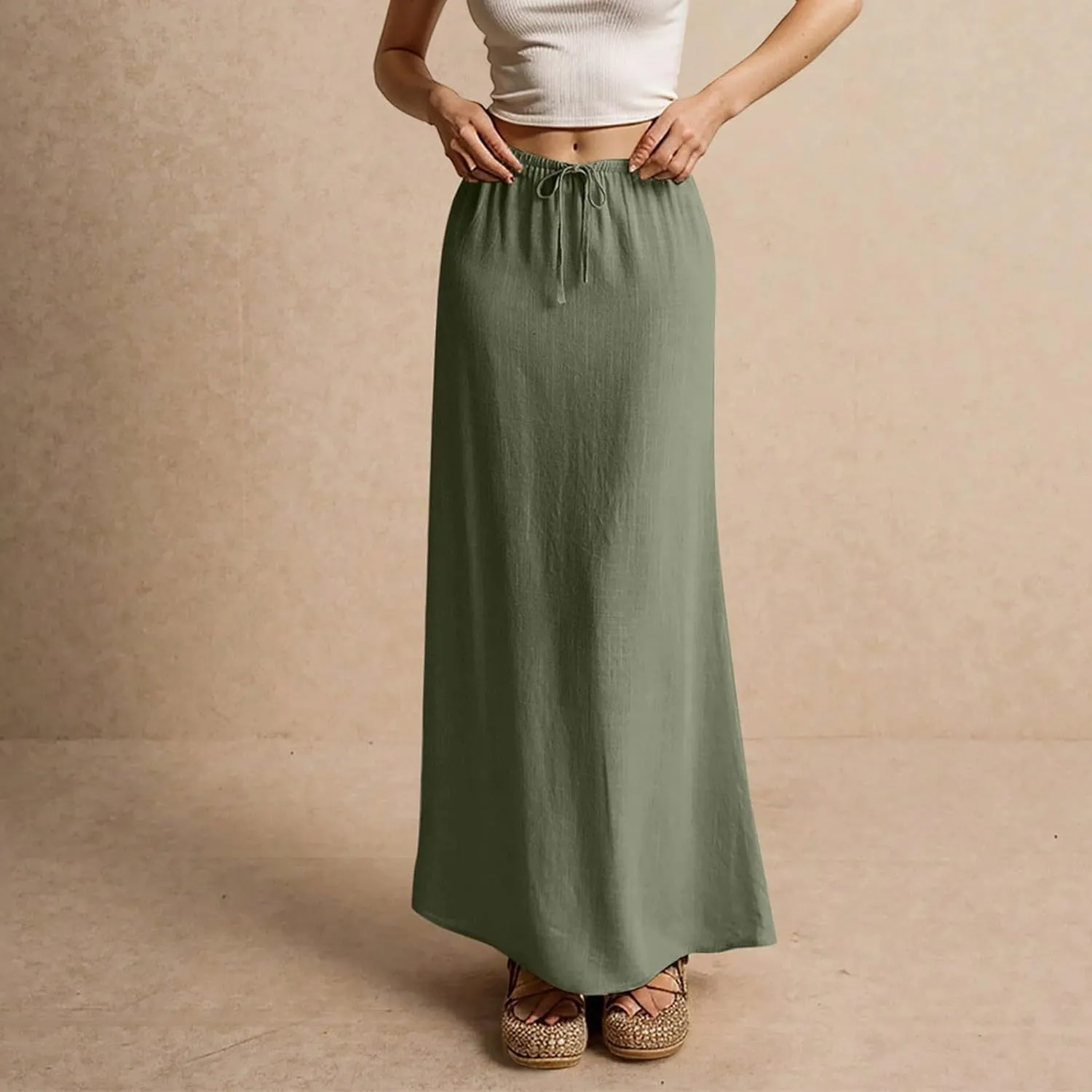 Linen Maxi Skirts for Women Trendy Summer Casual Drawstring Elastic Waist A Line Skirt Boho Beach Long Flowy Skirt