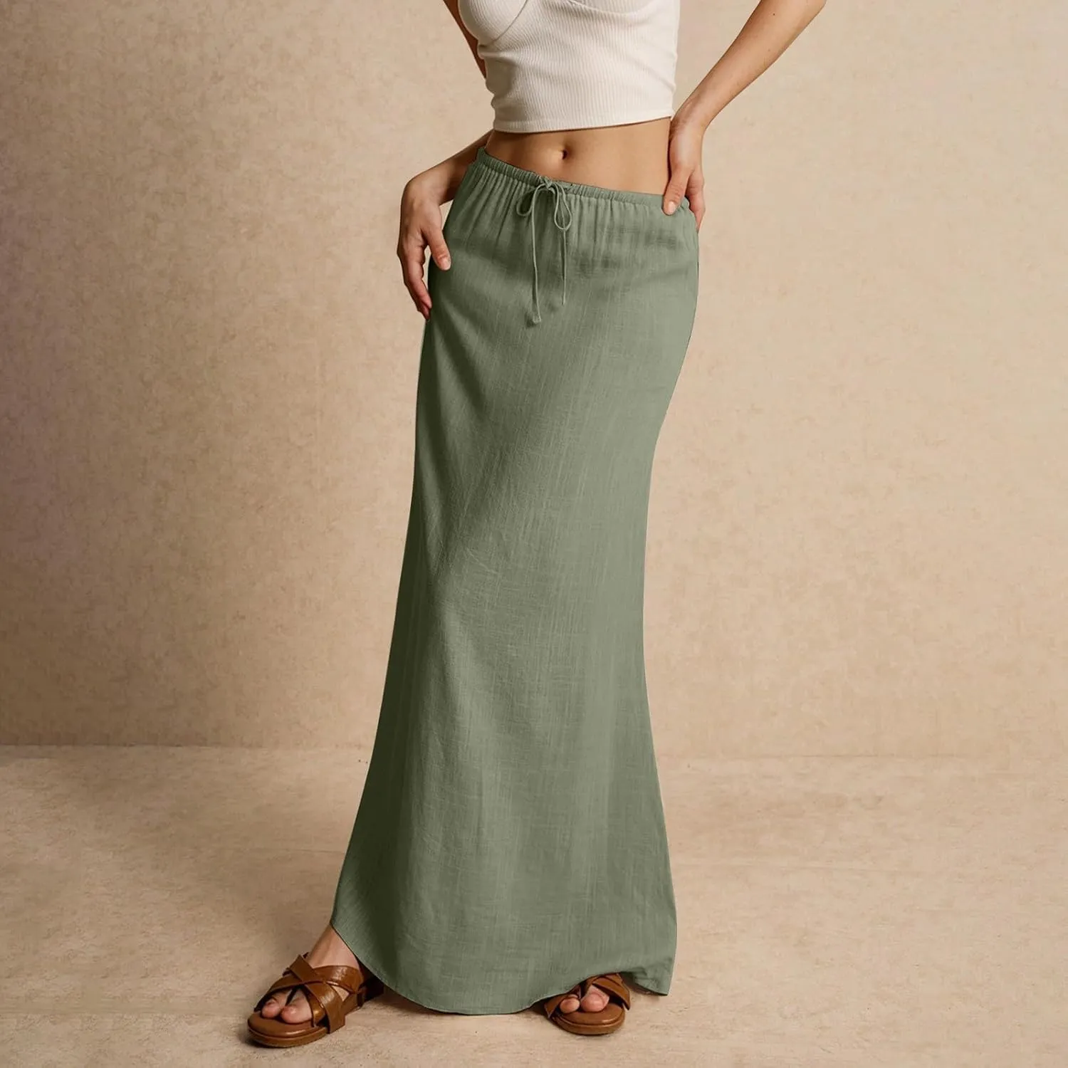 Linen Maxi Skirts for Women Trendy Summer Casual Drawstring Elastic Waist A Line Skirt Boho Beach Long Flowy Skirt