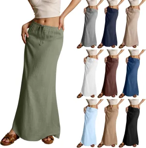 Linen Maxi Skirts for Women Trendy Summer Casual Drawstring Elastic Waist A Line Skirt Boho Beach Long Flowy Skirt