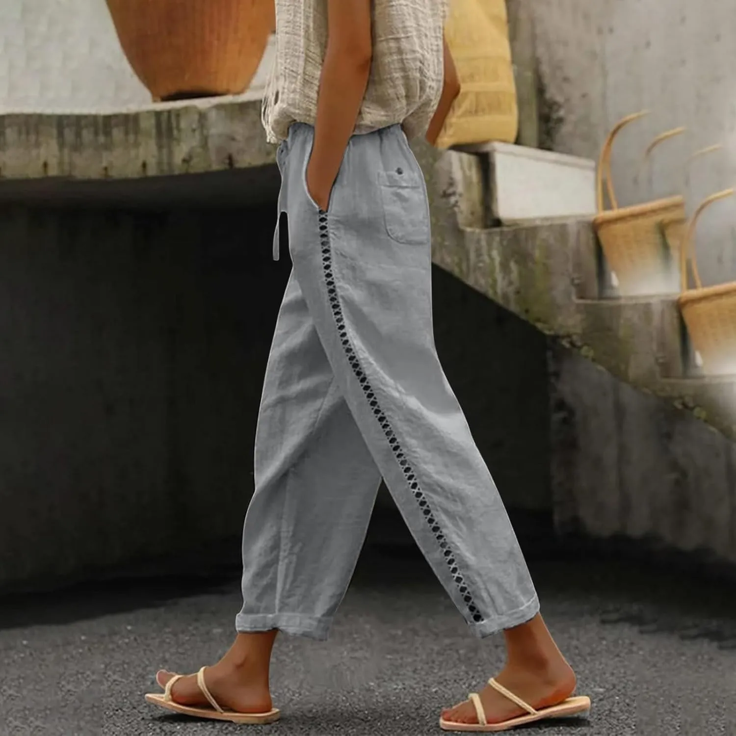 Linen Pants for Women High Waisted Elastic Drawstring Beach Pants Casual Lightweight Wide Leg Trousers with Pockets