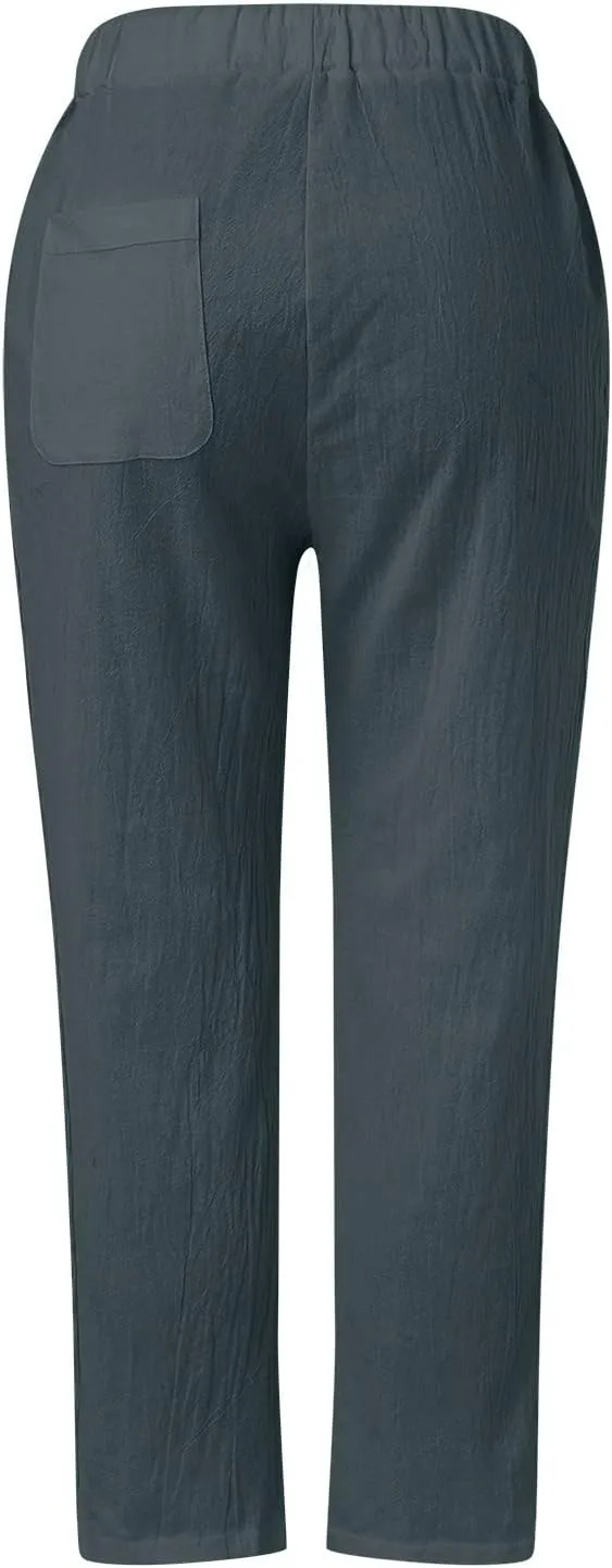 Linen Pants for Women High Waisted Elastic Drawstring Beach Pants Casual Lightweight Wide Leg Trousers with Pockets