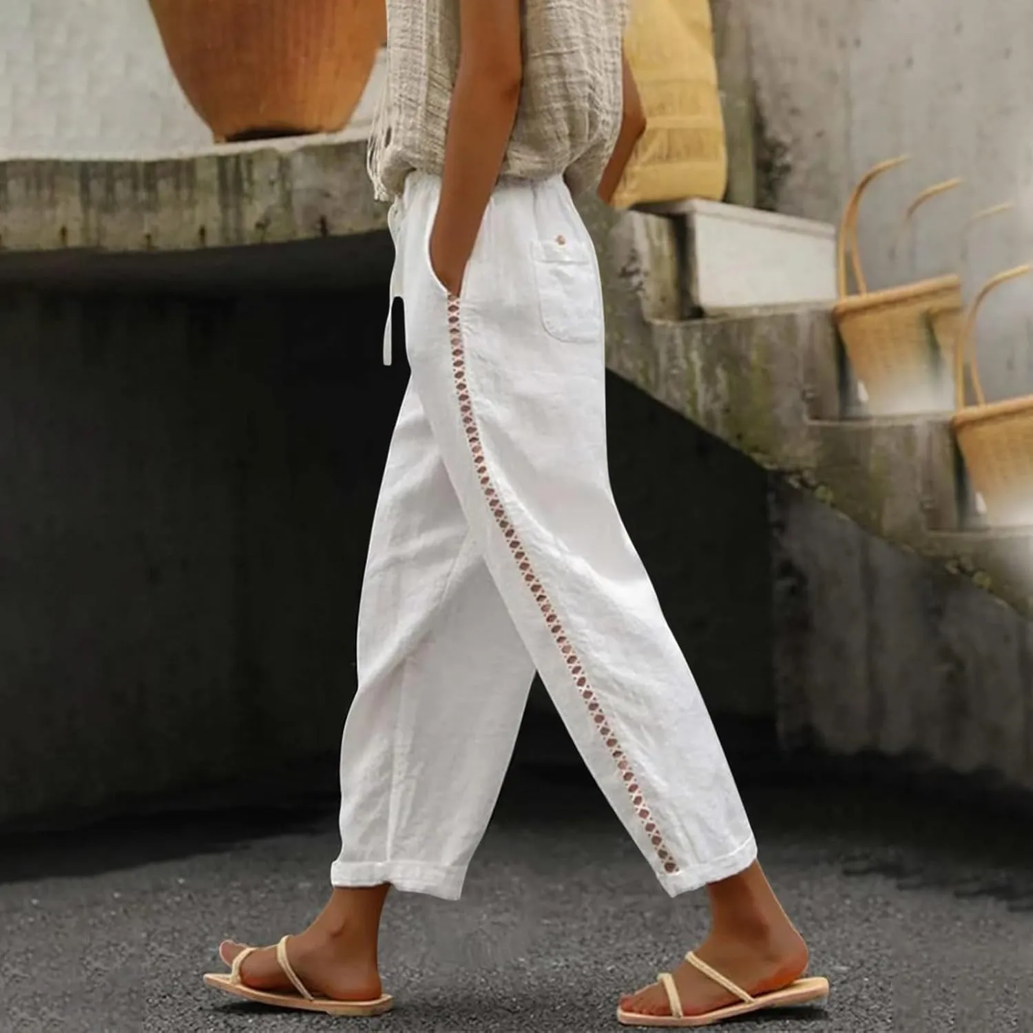 Linen Pants for Women High Waisted Elastic Drawstring Beach Pants Casual Lightweight Wide Leg Trousers with Pockets